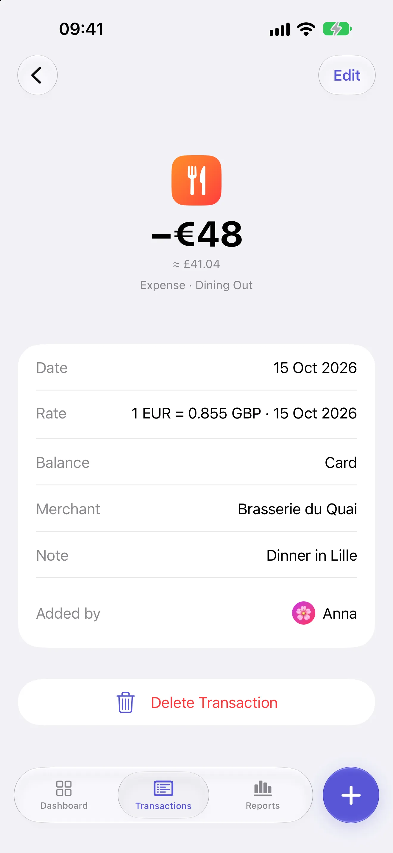 A transaction recorded in euros inside a workspace with a different base currency, showing the exchange rate stored on the record.