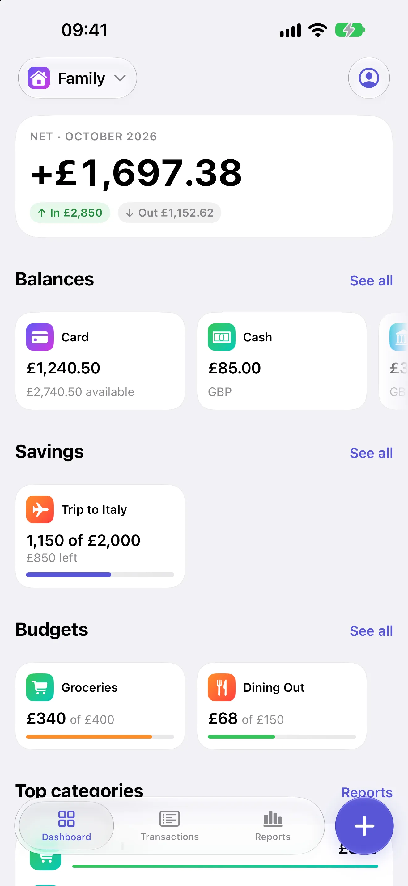 The Skarb dashboard, showing this month's spending, budget progress and balances.