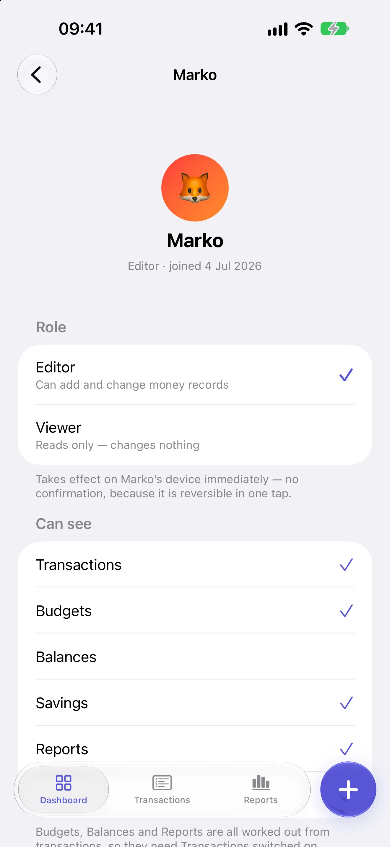 Marko's member settings: an editor who can see Transactions, Budgets, Savings and Reports, with Balances switched off.